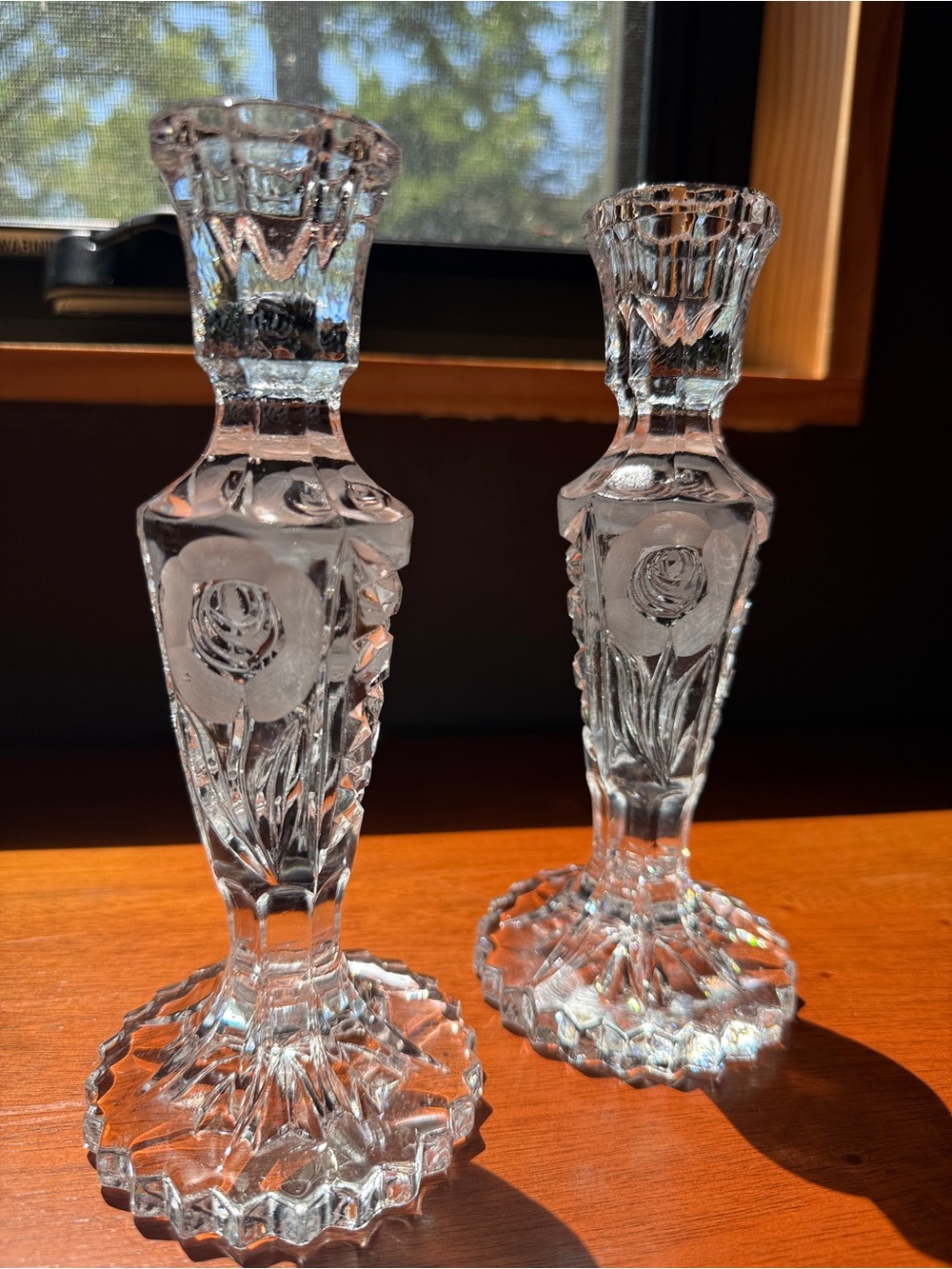 Set of Vintage MCM Crystal Cut & Frosted Rose Candlesticks by Leonard Silver